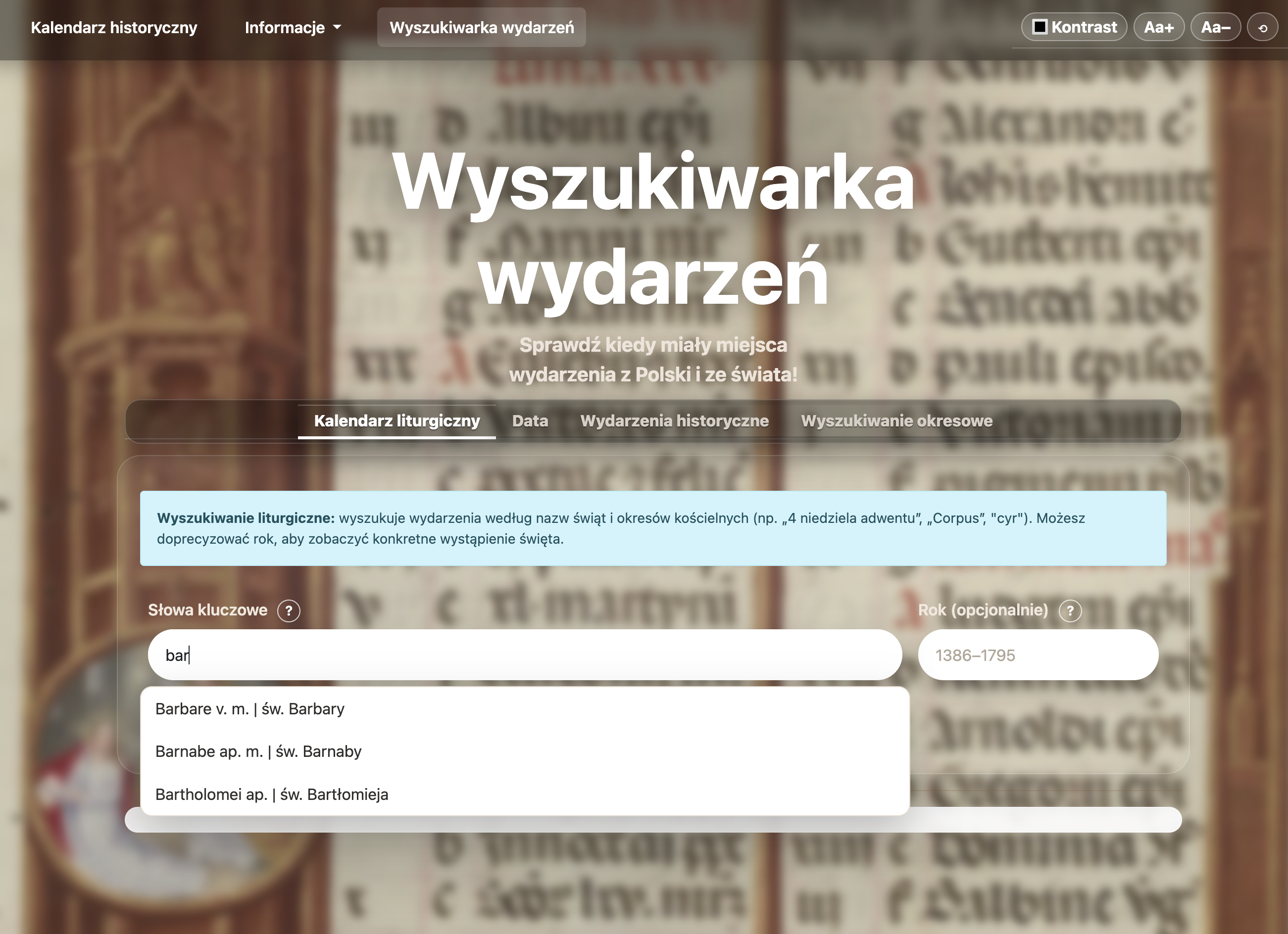 Wyszukiwarka wydarzeń Elektronicznego kalendarza świąt liturgicznych